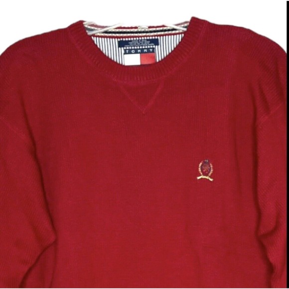 Tommy Hilfiger Sweater Mens XL Red Heavyweight Knit Crest Preppy Classic Vintage - Picture 3 of 6